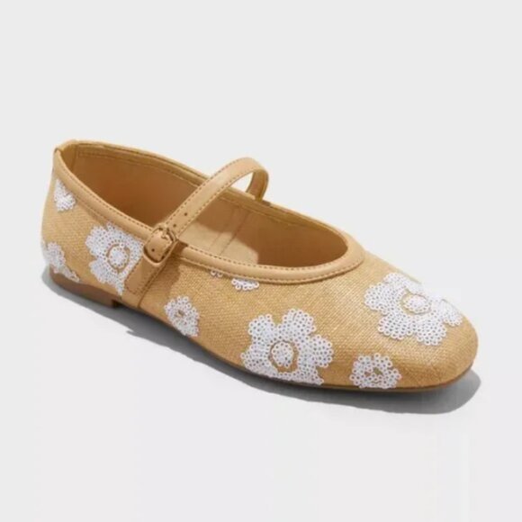 Women's Issa Raffia Floral Sequin Mary Jane Ballet Flat with Memory Foam Insole - Picture 1 of 7